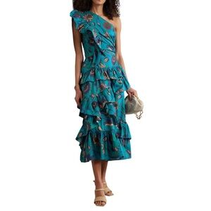 NWT Ulla Johnson Ondine One-Shoulder Floral-Print Cotton Midi Dress in Lagoon 10